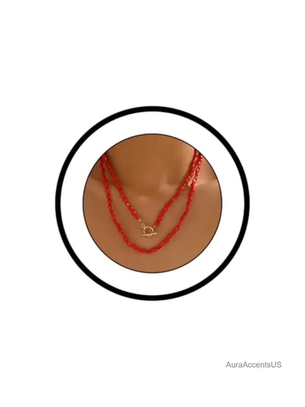 Red Beaded Double Layer Necklace Boho Toggle Clasp Layered Statement Jewelry
